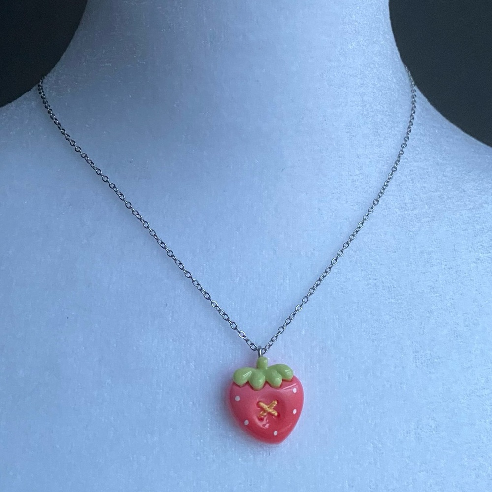 New Strawberry Button Handmade Necklace Stainless Steel Kawaii Whimsy Silver